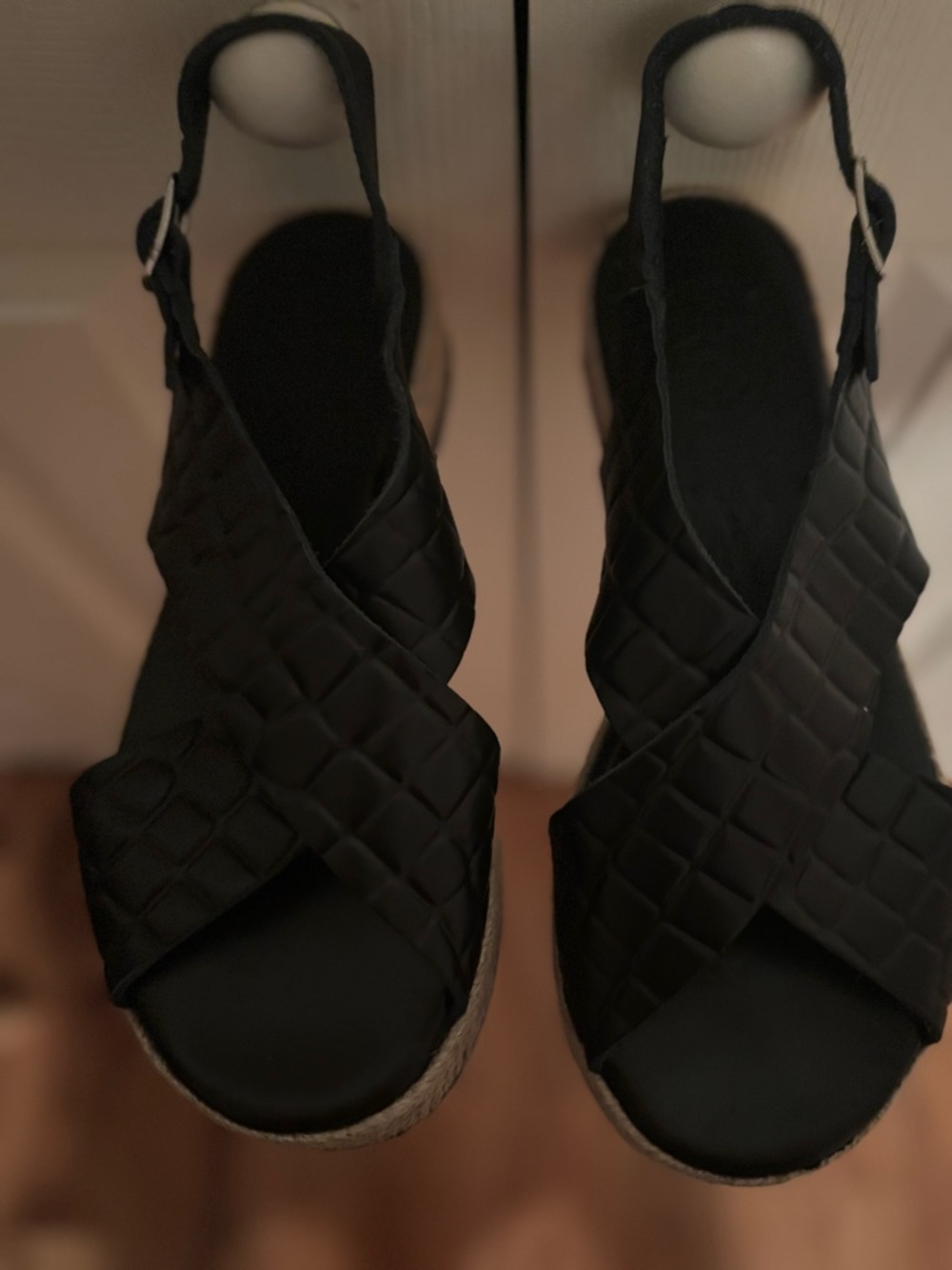 CHRISTINA CHRISTI Black Quilted Cross-Strap Wedge ESPADRILLE Sandals